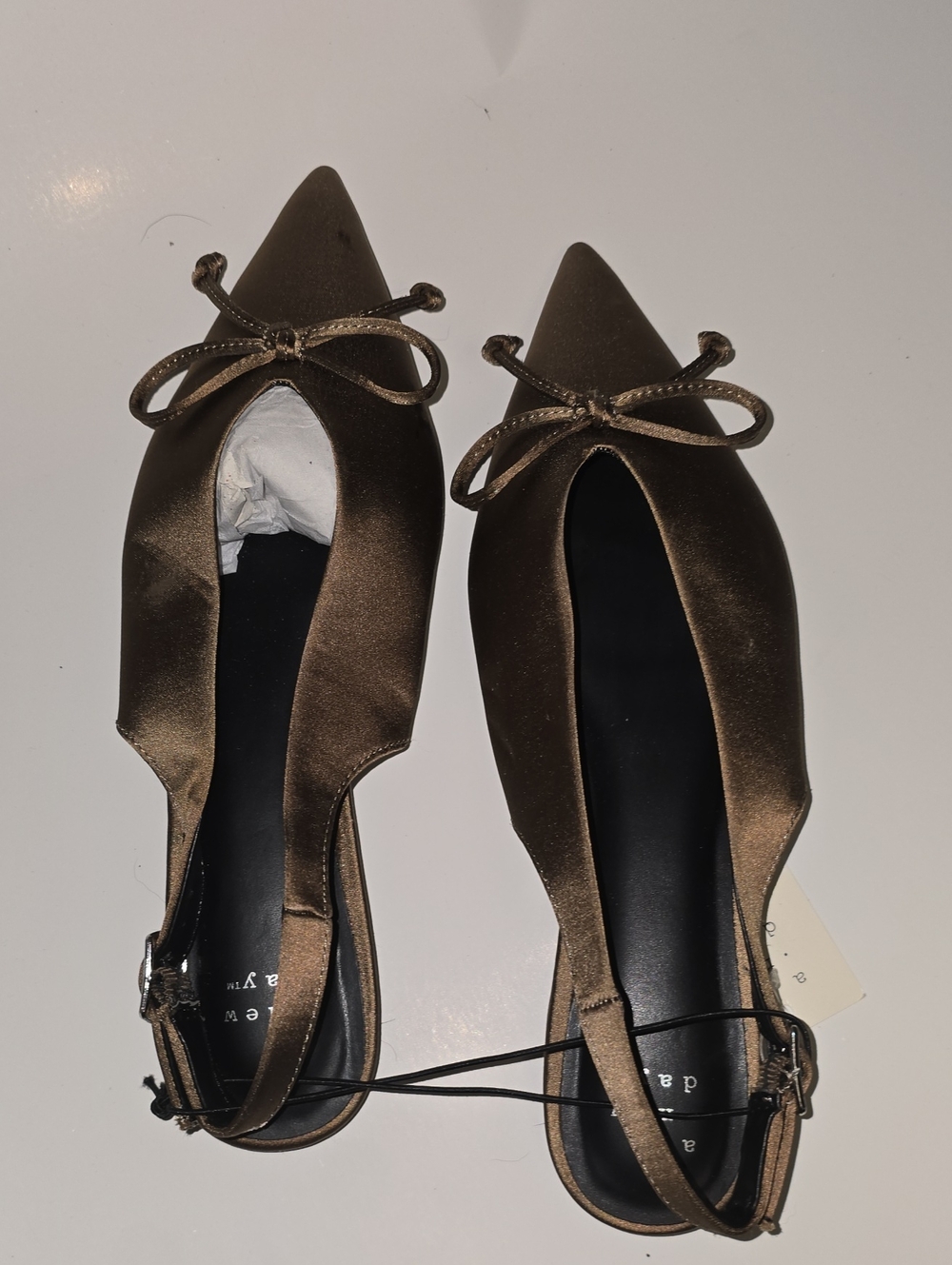 A New Day NEW ...Pointed Toe Satin Slingback Flats with Bow - Brown